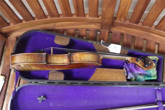 A German early 20th century violin and bow in a walnut inlaid case